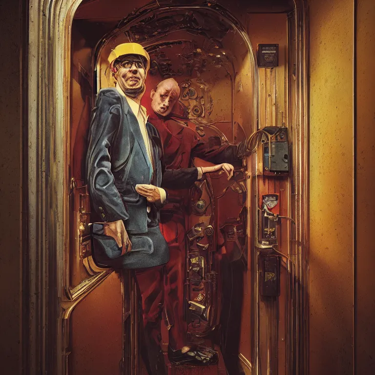 Prompt: professional octane render portrait by wayne barlow and carlo crivelli and glenn fabry, a sinister man in a bright colorful saturated wes anderson elevator operator costume inside a dark and moody vintage elevator in a high - end exotic vintage boutique hotel, very short depth of field