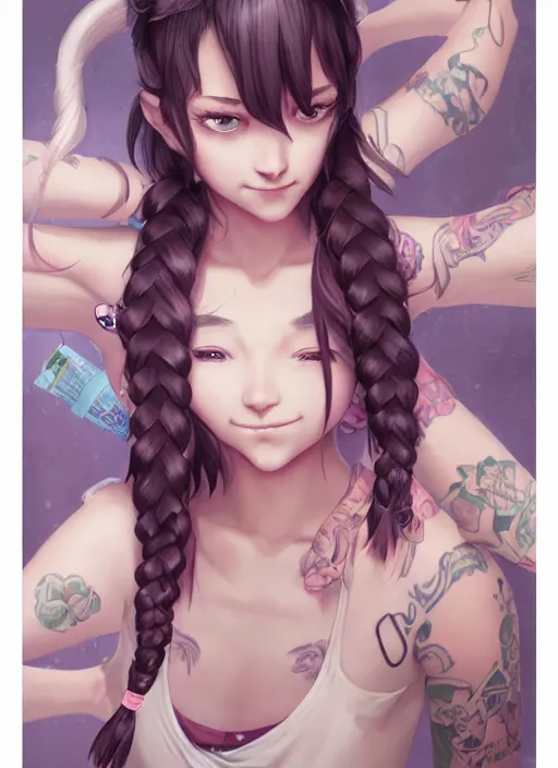 Prompt: character portrait of a female anthropmophic pig with a pigtail. She has a cute beautiful attractive detailed pig snout face wearing a tanktop and slacks standing outside a city tattoo parlor with arm tattoos. Character design by charlie bowater, ross tran, artgerm, and makoto shinkai, detailed, inked, western comic book art