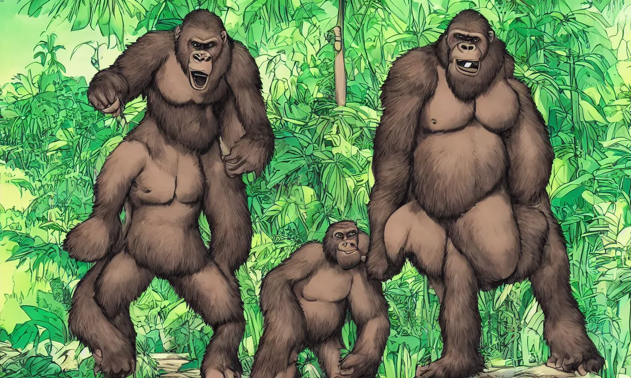 Prompt: Anthropomorphic bipedal gorilla wearing a t-shirt and shorts, in the background is lush jungle, manga