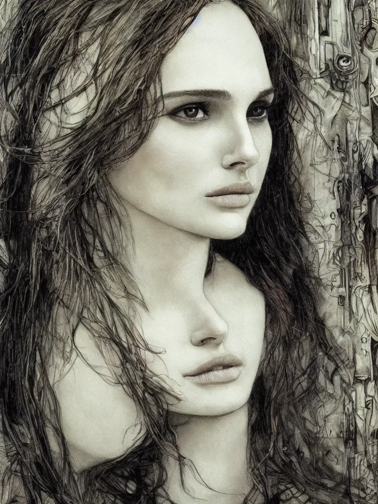 Image similar to a beautiful portrait of natalie portman by h.r. giger and by arthur rackham and by john william waterhouse, detailed, proportional, trending on art station, 4k