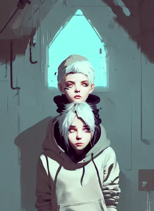 Image similar to highly detailed portrait of a sewer punk swedish young lady, hoodie, white hair by atey ghailan, by greg rutkowski, by greg tocchini, by james gilleard, by joe fenton, by kaethe butcher, gradient light blue, blonde, brown, cream and white color scheme, grunge aesthetic!!! ( ( graffiti tag wall background ) )