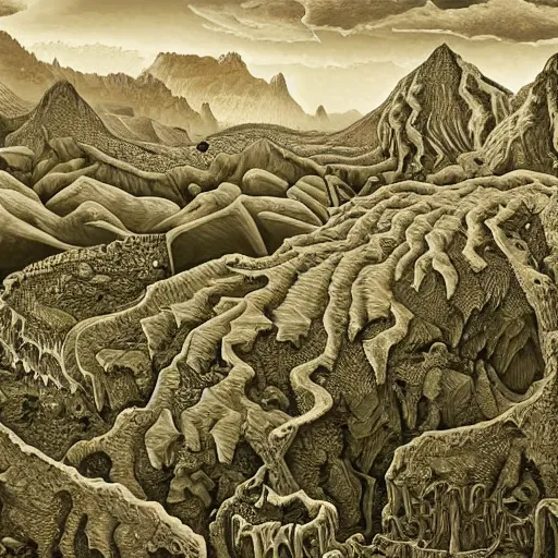 Prompt: intricate, detailed painting of Caelid landscape and its monsters by MC Escher, concept art, illustration