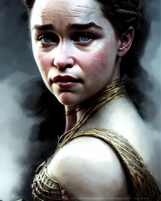 Image similar to emilia clarke, character portrait, portrait, close up, concept art, intricate details, highly detailed by greg rutkowski, michael whelan and gustave dore