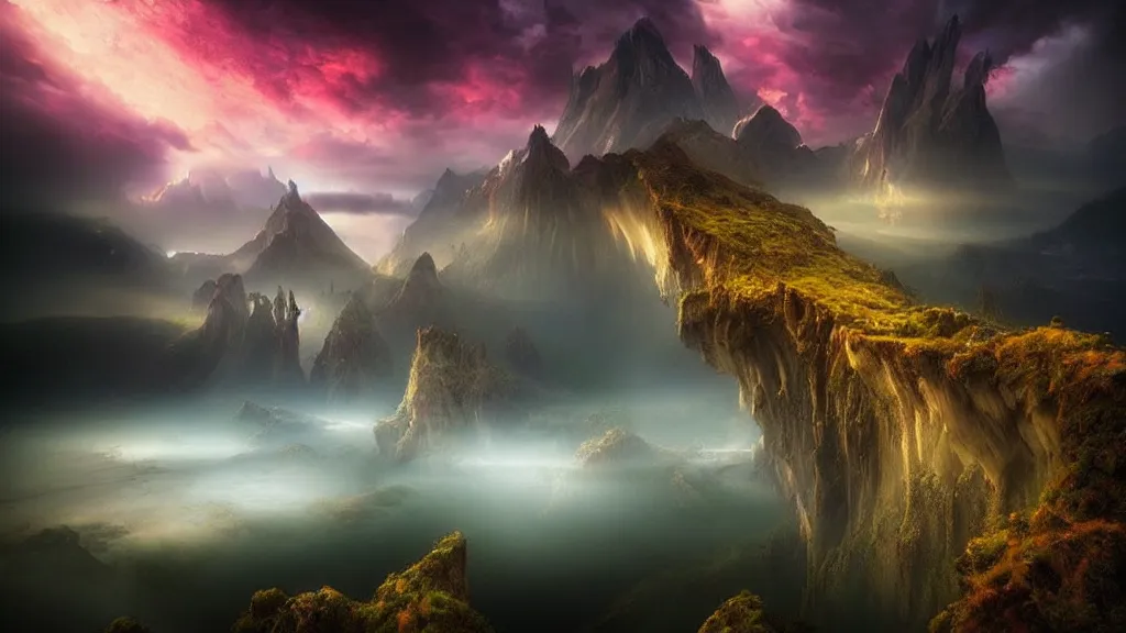 Prompt: amazing landscape photo of a fantasy world by marc adamus, beautiful dramatic lighting