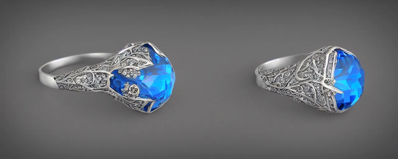 Image similar to simple silver magic crystal ring, ice, blue, gold, smooth, crystal, engravings, diamonds, product design, jewelry, colorful, art by gerald brom, greg rutkowski and artgerm, photo realism, unreal engine, c 4 d