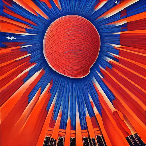 Image similar to detailed painting of a red, white and blue nuclear explosion in a city on the fourth of july in the style of m. c. escher, junji ito and beeple, patriotic, mushroom cloud, american flag, 8 k resolution, metal shaded