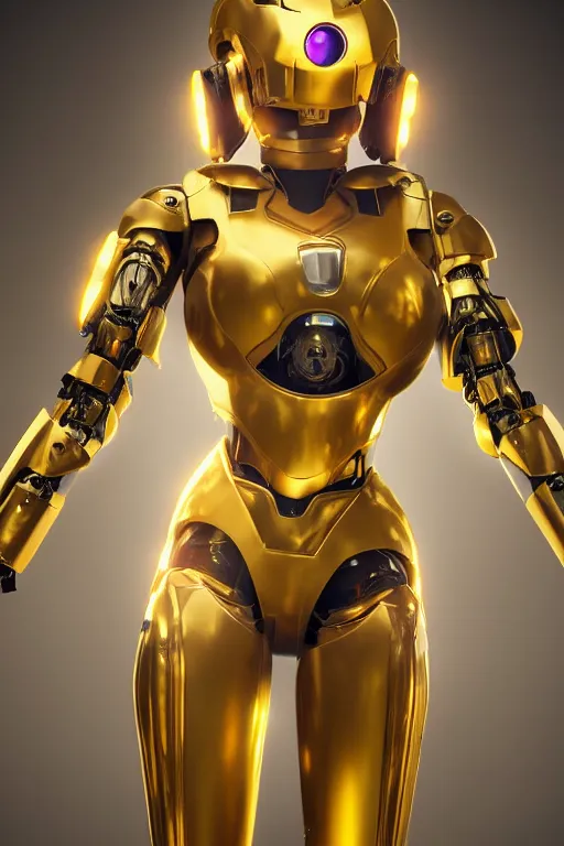 Image similar to maria of metropolis, humanoid robot, golden full body armor, beautiful helmet in the shape of a face, cyborg eyes glowing yellow, scifi, futuristic, raytracing, glowwave, sharp focus, cinematic lighting, artstation, divine, unreal engine 5 rendered, by fritz lang, art style by pixar warner bros dreamworks disney riot games and overwatch