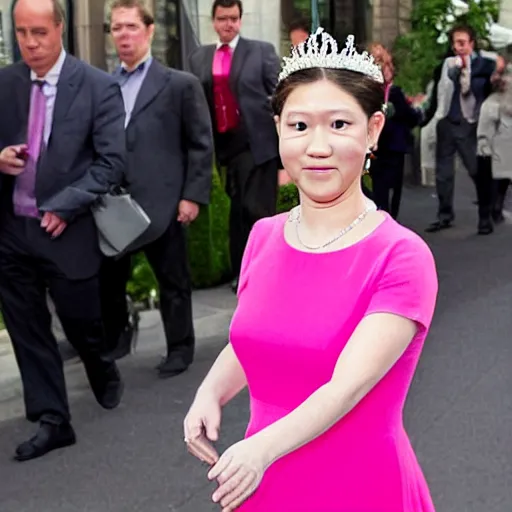 Image similar to mark zuckerberg wearing a poofy pink dress and a tiara