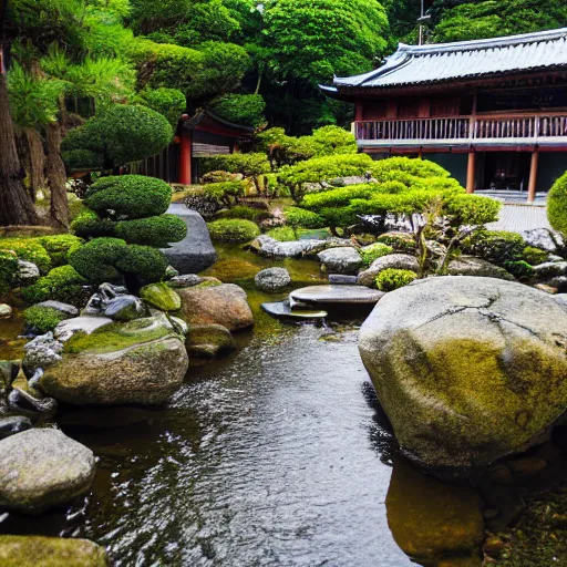 Image similar to photo of japanese house with small stream beside the house. koi fish are swimming in the stream, high detail, cinematic, beautiful