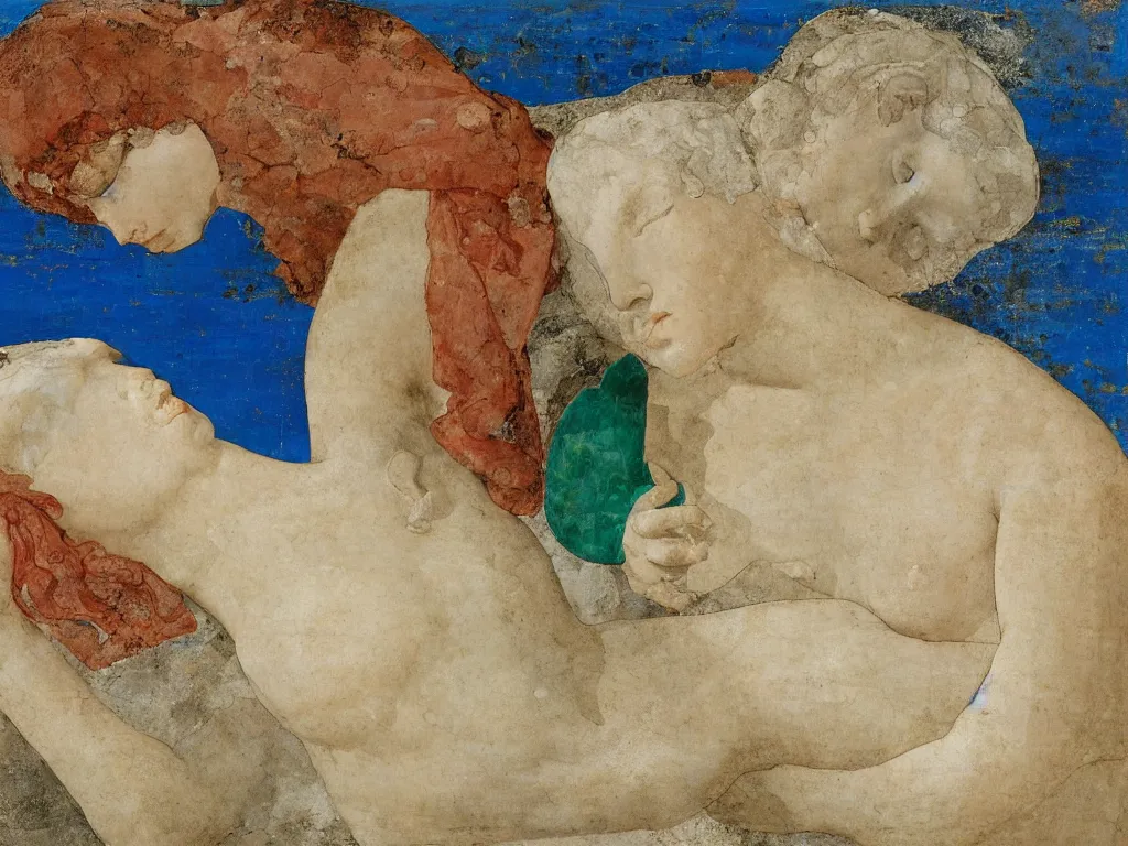 Image similar to broken, ruined marble greek sculpture head lying in the sand. lapis - lazuli, turquoise, malachite, cinnabar, earth brown. painting by piero della francesca, balthus, agnes pelton
