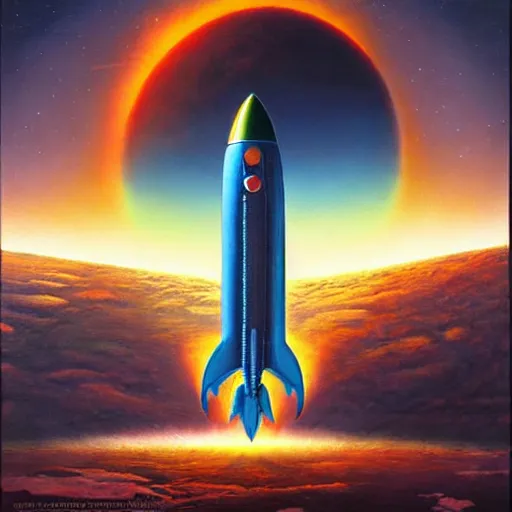 Image similar to A rocketship about to land on an unfamiliar planet, super cool rocket, Acrylic Paint, Concept Art, Digital Art, 16-bit RGB, Global Illumination, by Peter Elson, by Alex Grey