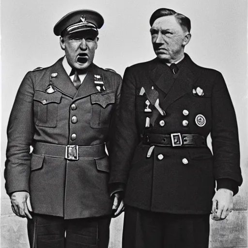 Prompt: world War 2 portrait of a very happy Donald Trump standing next to Adolf Hitler, black and white photography, shot by Annie Leibovitz, 4k, 8k, highly detailed