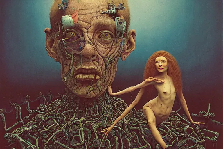 Prompt: 35mm color, mental health, portrait, fashion shoot, freak show, weird, random, strange, hyperdetailed, photorealistic, interesting, humans enslaved by robots, detention centre, by David la chapelle and karol bak and david cronenberg and WETA digital, art by Zdzisław Beksiński, Ivan Bilibin, Dariusz Zawadzki , James jean, ID magazine, octane rendering, cinematic, hyperrealism, octane rendering, 8k, depth of field, bokeh.