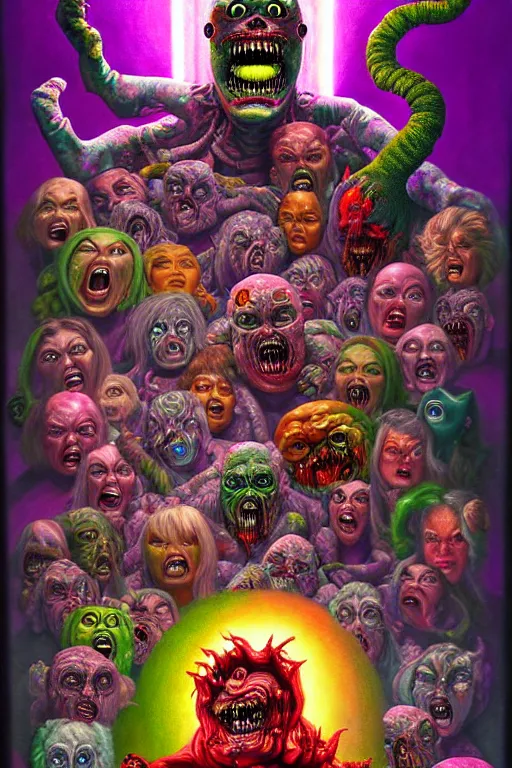 Prompt: a hyperrealistic painting of the epic final boss fight against mega grandma, cinematic horror by chris cunningham, lisa frank, richard corben, highly detailed, vivid color,