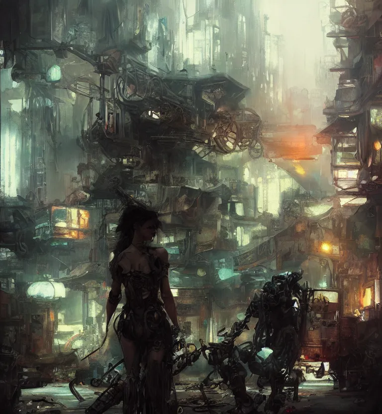 Image similar to a painting of death dealer junkyard cyberpunk, by jeremy mann, krenz cushart, artem demura, alphonse mucha, intricate, elegant, highly detailed, digital painting, artstation, concept art, smooth, sharp focus, illustration, art