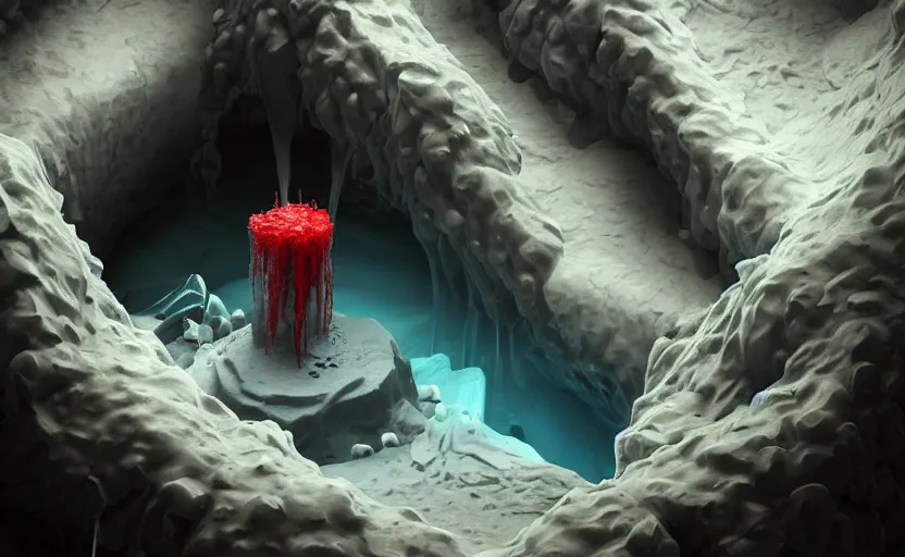 Image similar to liquid nitrogen and with red water-cooling coolant flowing through latent representations of ice caverns by centrifugal forces, gaming pc components sticking out the walls, high detail, high contrast, low-poly elements!!!!!, trending on artstation, octane render, subsurface scattering, 4k