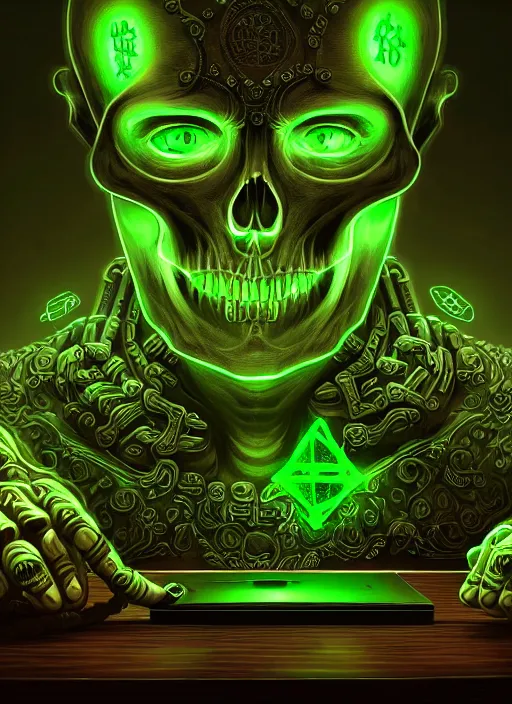 Image similar to portrait of ancient skeleton writing runes into personal computer with glowing green keys, runes, runic words, ancient evil letters, glowing green, intricate, elegant, glowing lights, highly detailed, digital painting, artstation, concept art, smooth, sharp focus, illustration, art by wlop, mars ravelo and greg rutkowski