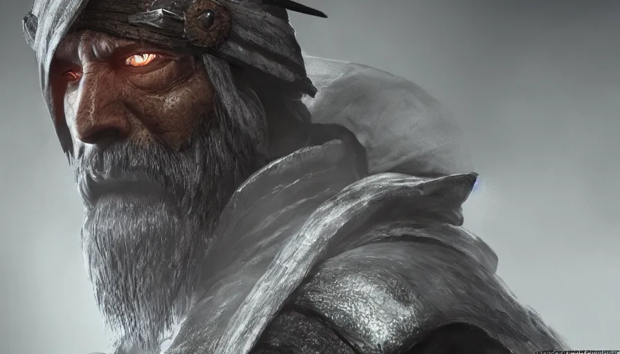 Image similar to a digital art portrait of an old warrior with eye patch and grey beard character design from dark souls, character sheet, 4 k, ultra detail, volumetric lighting, unreal engine, octane render