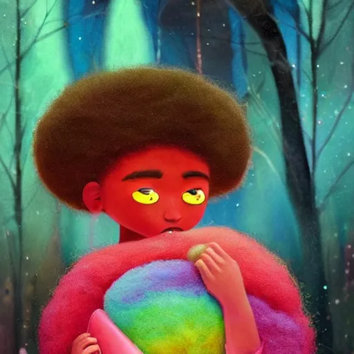 Prompt: a girl with a big colorful! dream a black girl with a colorful afro and big beautiful eyes, in a candy forest! at night, bright colours, watercolor, volumetric wool felting, macro photography, children illustration, by goro fujita