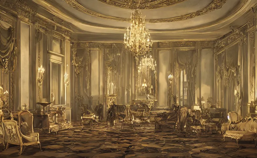 Prompt: realist rococo painting of a 1 9 2 0 s party in a beautiful mansion grand foyer, many partygoers, strong contrast, unreal engine, hyper realism, realistic shading, cinematic composition, realistic render, octane render, detailed textures, photorealistic, ultrawide shot, 3 5 mm film