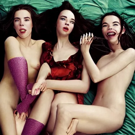 Image similar to stunning vogue magazine photo of dark - haired goddesses vanessa kirby, hailee steinfeld, and bjork smiling, legs intertwined, laying back on the bed, surrounded by adult toys, with wet faces!!, wet lips, smooth skin, perfect eyes, insanely detailed, elegant, by wlop, rutkowski, livia prima, mucha, wlop,