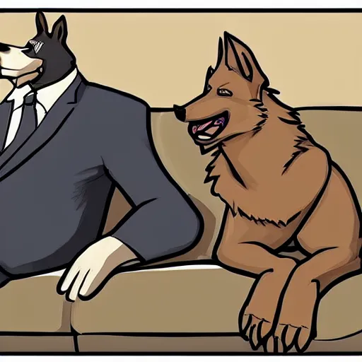 Image similar to two anthropomorphic german shepherds beast - men, they are wearing suits sitting on a couch and talking together, artstation, concept art, smooth, sharp foccus ilustration, artstation