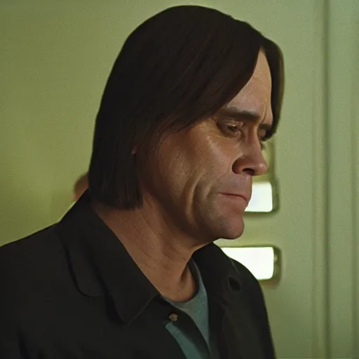 Prompt: Jim Carrey as Anton Chigurh, portrait, cinematic lighting, cinematic, kodak 2383 film