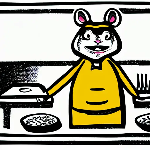 Image similar to a hamster with an evil face, in a butcher shop, holding knives in his hands. standing in front of the table. cartoon. front view.