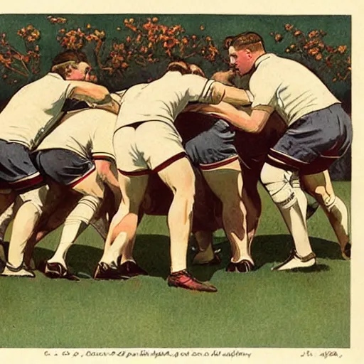 Image similar to 1920s full color illustraion by J.C. Leyendecker of handsome male rugby players in a scrum on the field, rugby ball on the ground in between the handsome rugby players