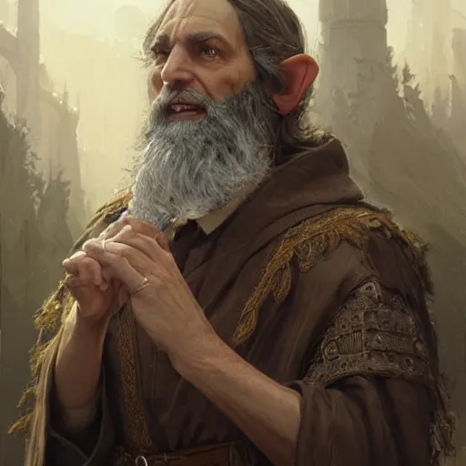 Image similar to A middle aged elf, wrinkled olive skin, brown hair and a raised hand, long beard, blue robes with clocks on, detailed face, highly detailed, cinematic lighting, digital art painting by greg rutkowski.