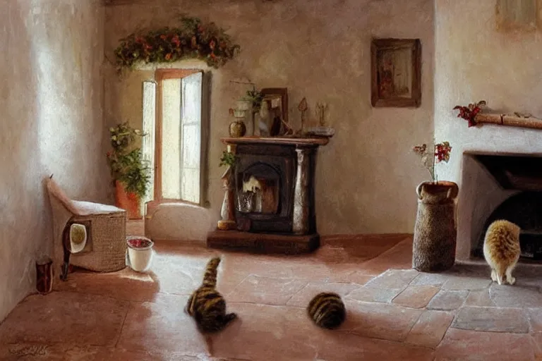 Image similar to Photo of Funny singular cat jumps in provence style living room, photorealism,