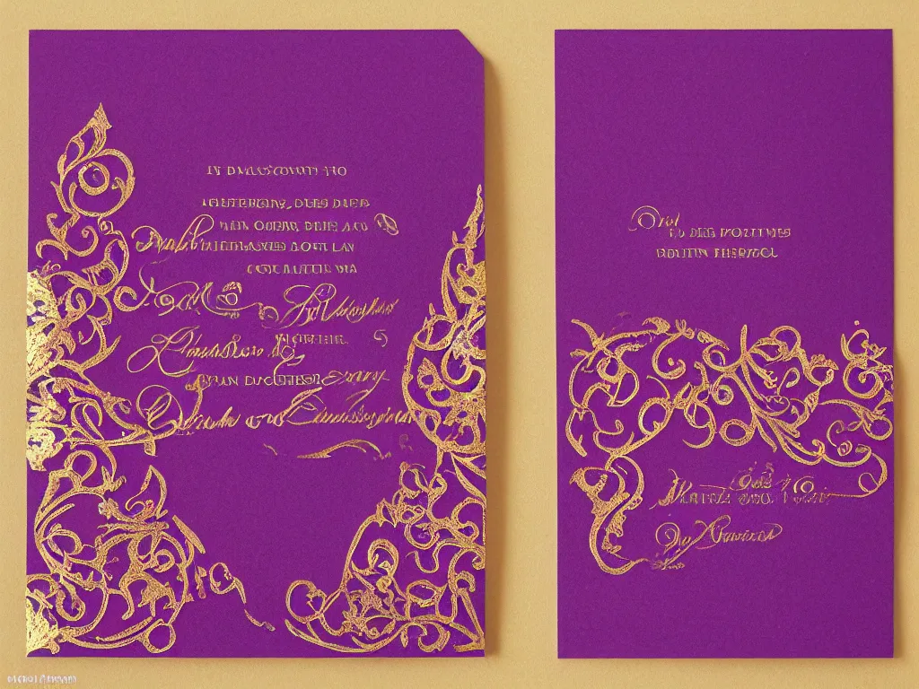 Prompt: Rich purple paper with delicate gold embossed borders, a card that is an invitation to a masquerade ball, intricate, beautiful, opulent