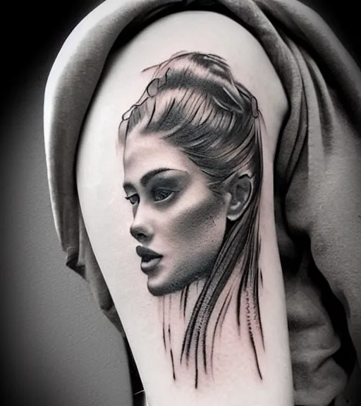 Image similar to tattoo design sketch of a beautiful woman face against a background of lago di sorapis, hyper - realistic, in the style of den yakovlev, amazing detail, black and white