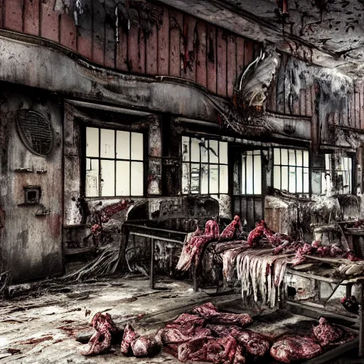 Prompt: butcher angry rotting zombie, detailled beautiful portrait, dilapidated butchery interior, feeling of grimdark horror, daytime, high contrast, ultra intricate detailed, octane render, unreal engine