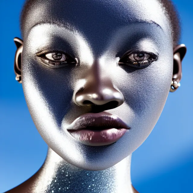 Prompt: portrait of metallic face, african woman, mercury, mirror reflections, smooth, liquid metal, proud, looking away, outdoor, blue sky, 8 k, realistic, depth of field, highly detailed, award winning photography