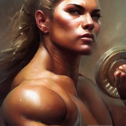 Prompt: a very beautiful portrait of a hulking herculean bodybuilder muscular musclebound bodybuilder woman, very beautiful face, pretty face, very detailed eyes, muscular, by wlop, greg rutkowski, simon bosley