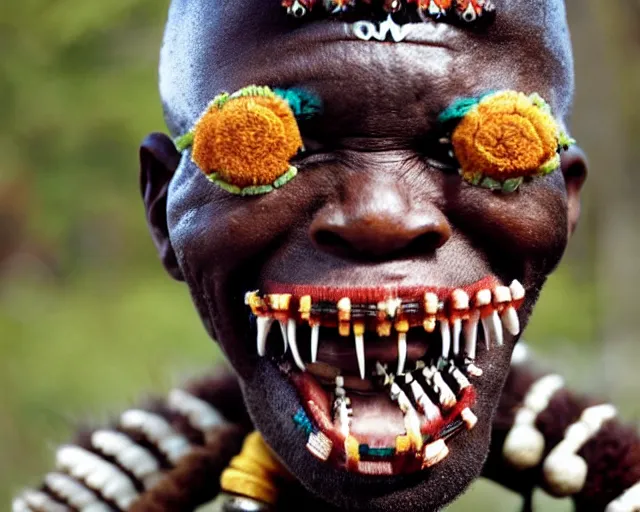 Image similar to zulu tribal warrior made out of teeth, american in a cage