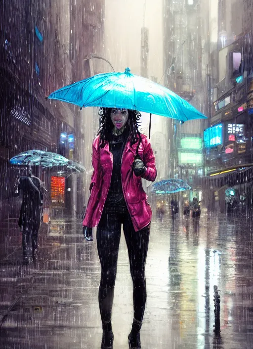 Image similar to girl, cyberpunk, goggles, pilot, standing in the rain with an umbrella, wet, raindrops, reflections, detailed city background, portait, made by stanley artgerm lau, wlop, rossdraws, james jean, andrei riabovitchev, marc simonetti, yoshitaka amano, artstation