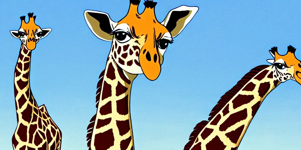 Prompt: giraffe with big blue feathered wings on its back, full body shot, wings, by studio ghibli