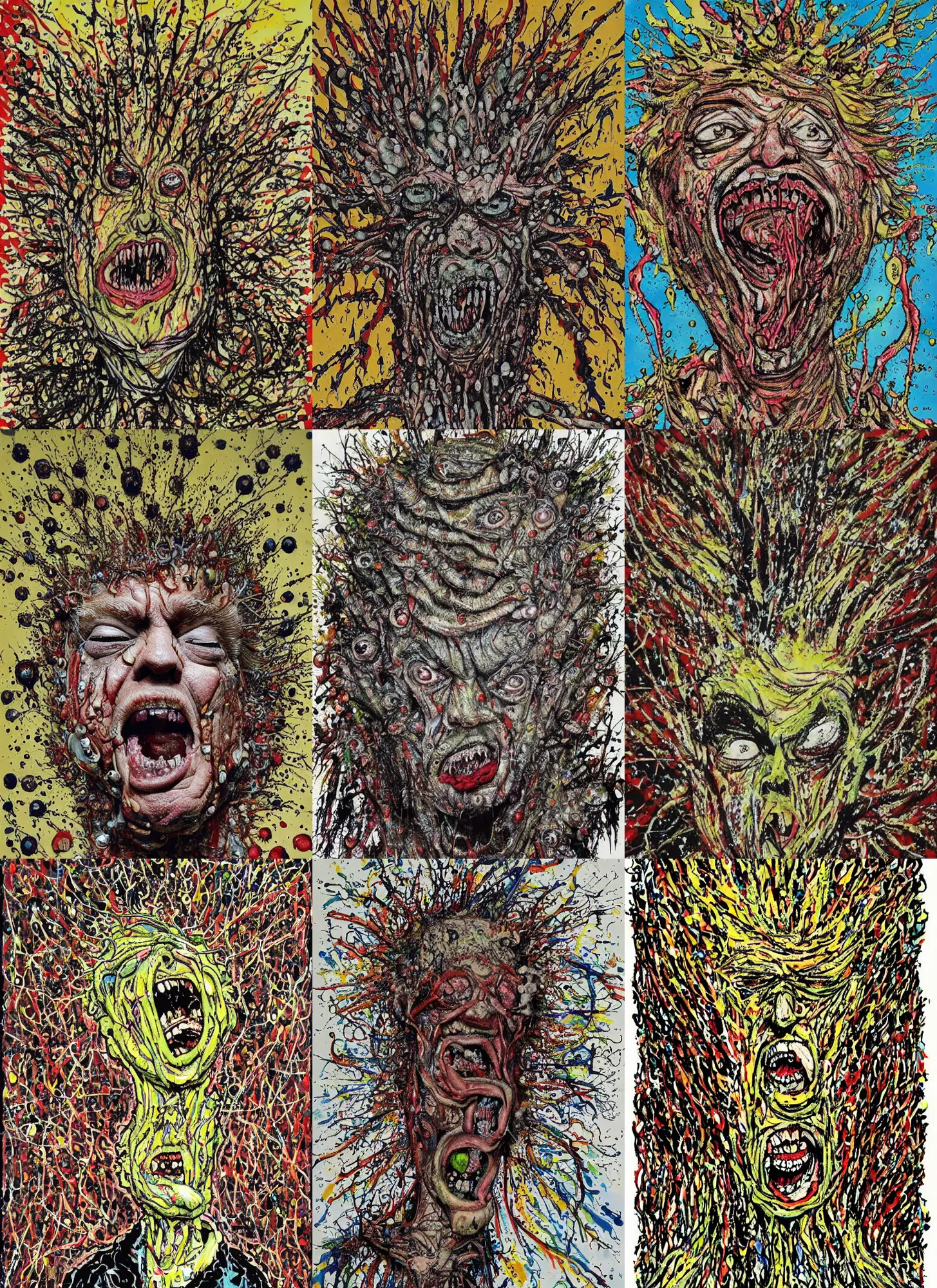 Prompt: donald trump's disgusting true form bursting from within, gross, slimy, sleazy, pustules, high details, intricate details, by jackson pollock