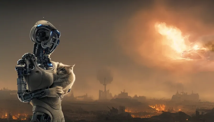 Prompt: a beautiful award-winning photo of a cyborg holding a small cat, serene post-nuclear background, a huge nuclear cloud, intricate details, numerous fires, volumetric lighting, haze, very high quality, extremely detailed, subtle visual noise, unreal engine 5, hyperrealistic, 8K