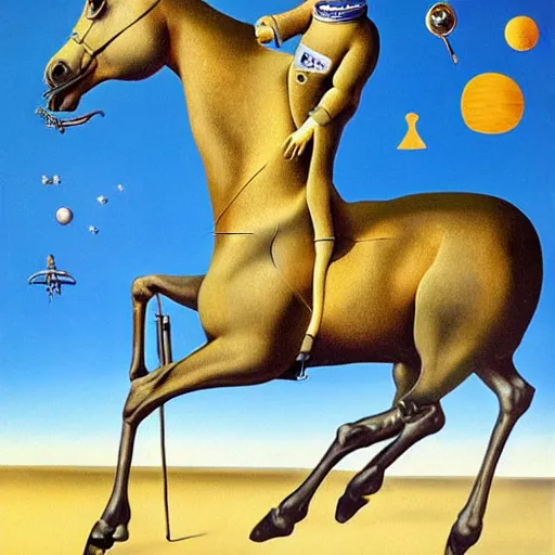 Image similar to a horse riding an astronaut, style of surrealism, salvador dali