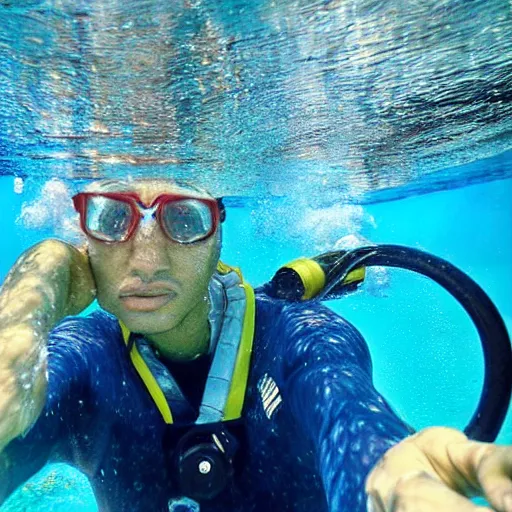 Prompt: underwater selfie from a brown haired male lifeguard. Eddie Mendoza. Noriyoshi Ohrai