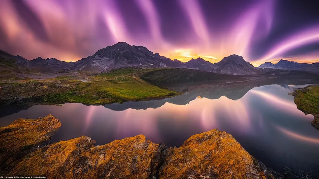 Image similar to amazing landscape photo of a funnel shaped purple tornado over mountains with lake in sunset by marc adamus, beautiful dramatic lighting