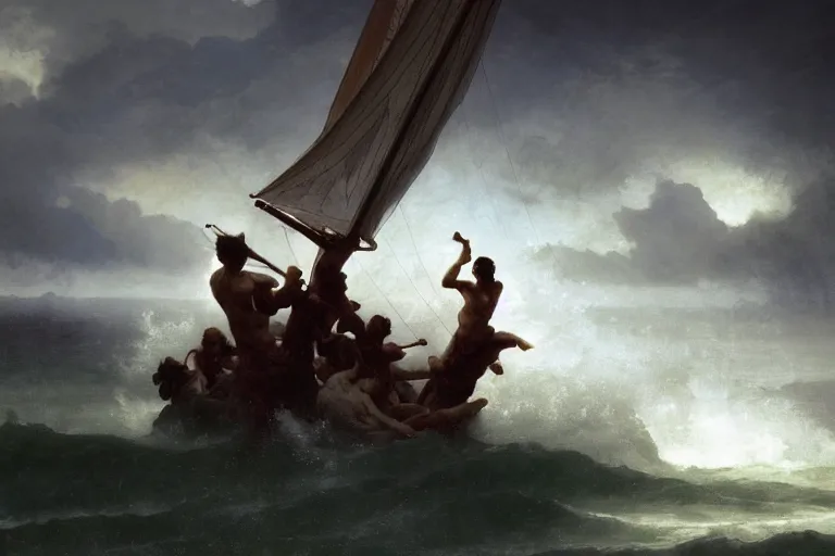 Image similar to ancient historically accurate depiction of Bible Character walking on water during a storm, a small fishing sailboat with scared sailors on board, dramatic lighting by frank miller, illustration by Ruan Jia and Mandy Jurgens and William-Adolphe Bouguereau, Artgerm, 4k, digital art, surreal, space dandy style, highly detailed, godsend, artstation, digital painting, concept art, smooth, sharp focus, illustration by Ruan Jia and Mandy Jurgens and William-Adolphe Bouguereau, Artgerm