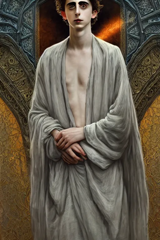 Prompt: portrait of timothee chalamet as dream of the endless, the sandman, grey clothes, in persian temple wet night, sci - fi and fantasy, intricate and very very beautiful and elegant, highly detailed, digital painting, artstation, concept art, smooth and sharp focus, illustration, art by tian zi and wlop and alphonse mucha