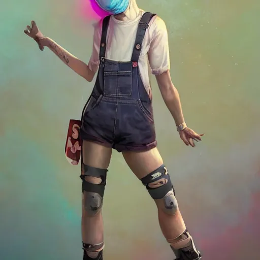 Prompt: a grungy woman with short white shaved hair, soft eyes and narrow chin, dainty figure, torn overalls, short shorts, combat boots, rainbow colored dust mask, basic white background, side boob, symmetrical, single person, style of by jordan grimmer and greg rutkowski, crisp lines and color,