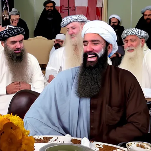 Prompt: 4 k hdr portrait wide angle photo of president joe biden as a taliban muslim leader with a beard laughing at a dinner table meeting surrounded by taliban terrorist leaders who are dancing with oil barrels in the background