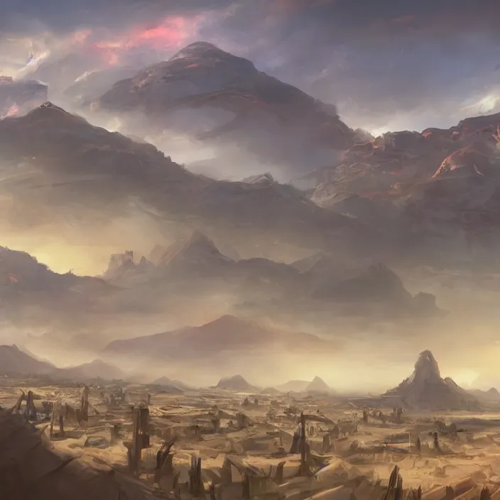 Image similar to large sprawling western town in the middle of a sandy flat desert with a single mountain on the very distant horizon. magic the gathering art, digital media