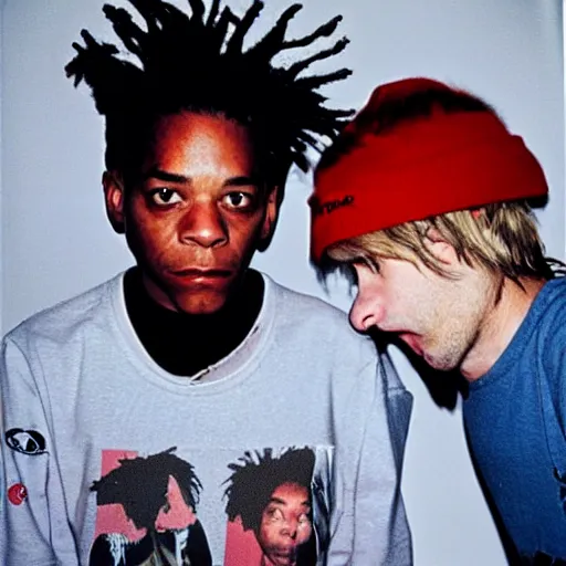 Image similar to basquiat with kurt cobain photographed by annie leibovitz in a hi end photo studio, color, photorealistic